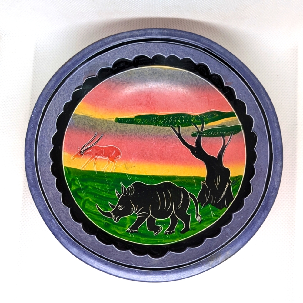 Vintage African Handpainted Soapstone Trinket Bowl Wildlife Rhinoceraus Antelope